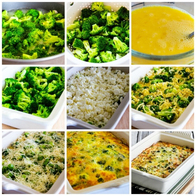 Broccoli and Three Cheese Keto Breakfast Casserole process shots collage