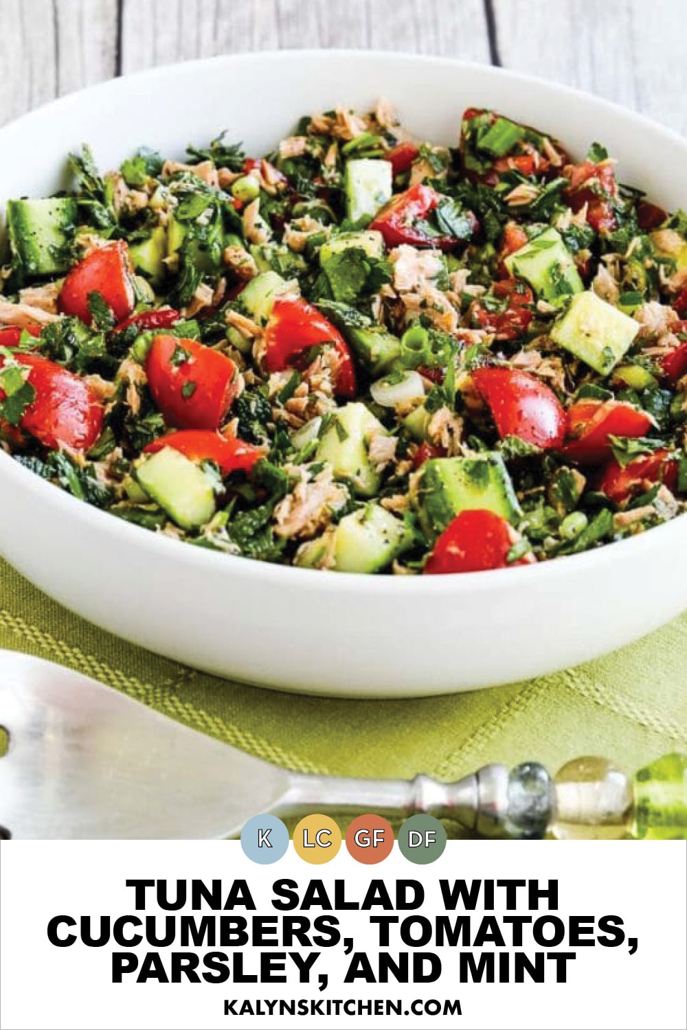 Pinterest image of Tuna Salad with Cucumbers, Tomatoes, Parsley, and Mint
