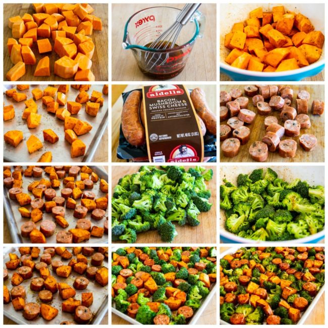 process shots collage for Roasted Sweet Potatoes, Sausage, and Broccoli Sheet Pan Meal