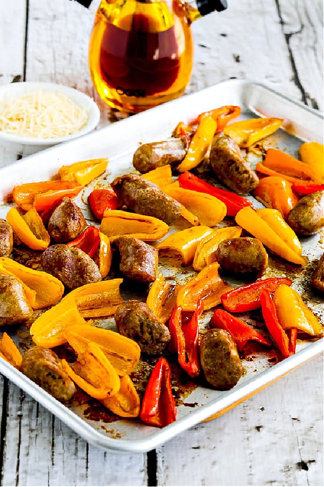 Italian Sausage and Sweet Mini Peppers Sheet Pan Meal cooked meal on baking sheet