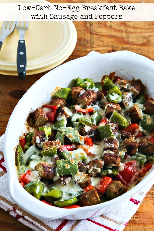 Low-Carb No-Egg Breakfast Bake with Sausage and Peppers text overlay photo of finished dish being served