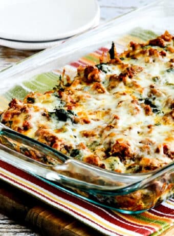 square image of Sausage and Kale Mock Lasagna Casserole in serving dish