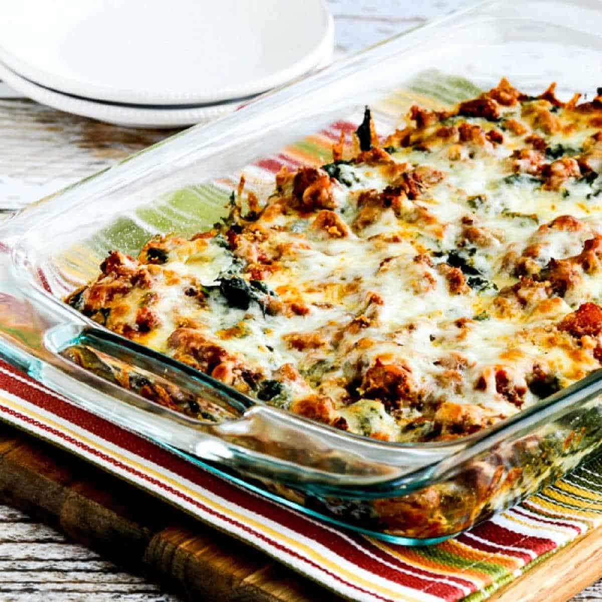 square image of Sausage and Kale Mock Lasagna Casserole in serving dish