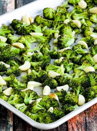 Roasted Broccoli with Garlic shown on sheet pan