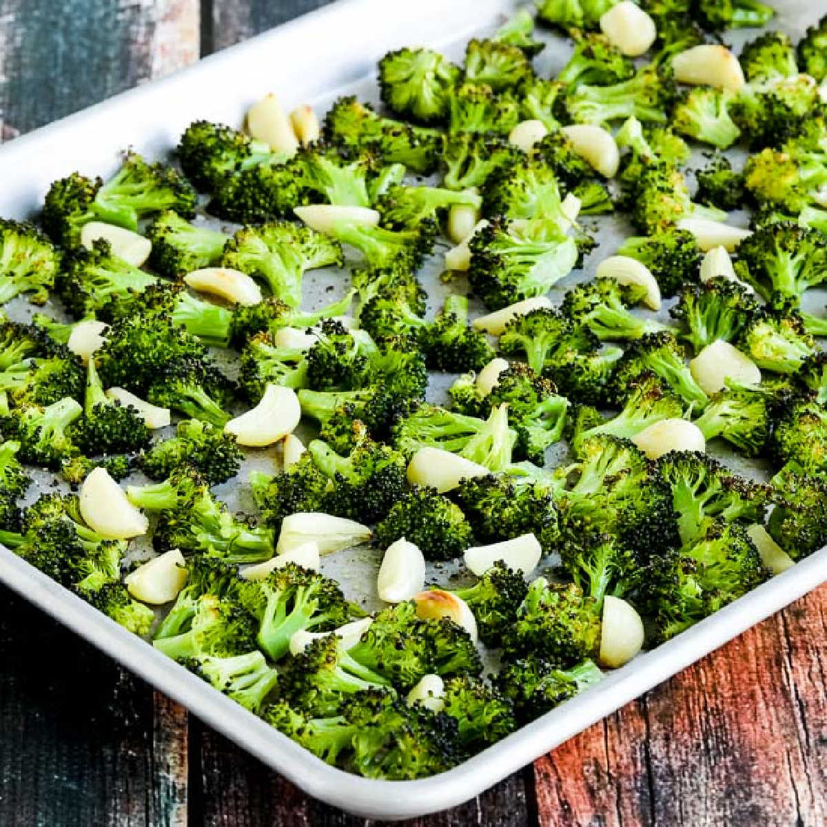 Roasted Broccoli with Garlic shown on sheet pan