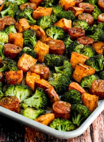 Roasted Sweet Potatoes, Sausage, and Broccoli Sheet Pan Meal, square image of meal in sheet pan
