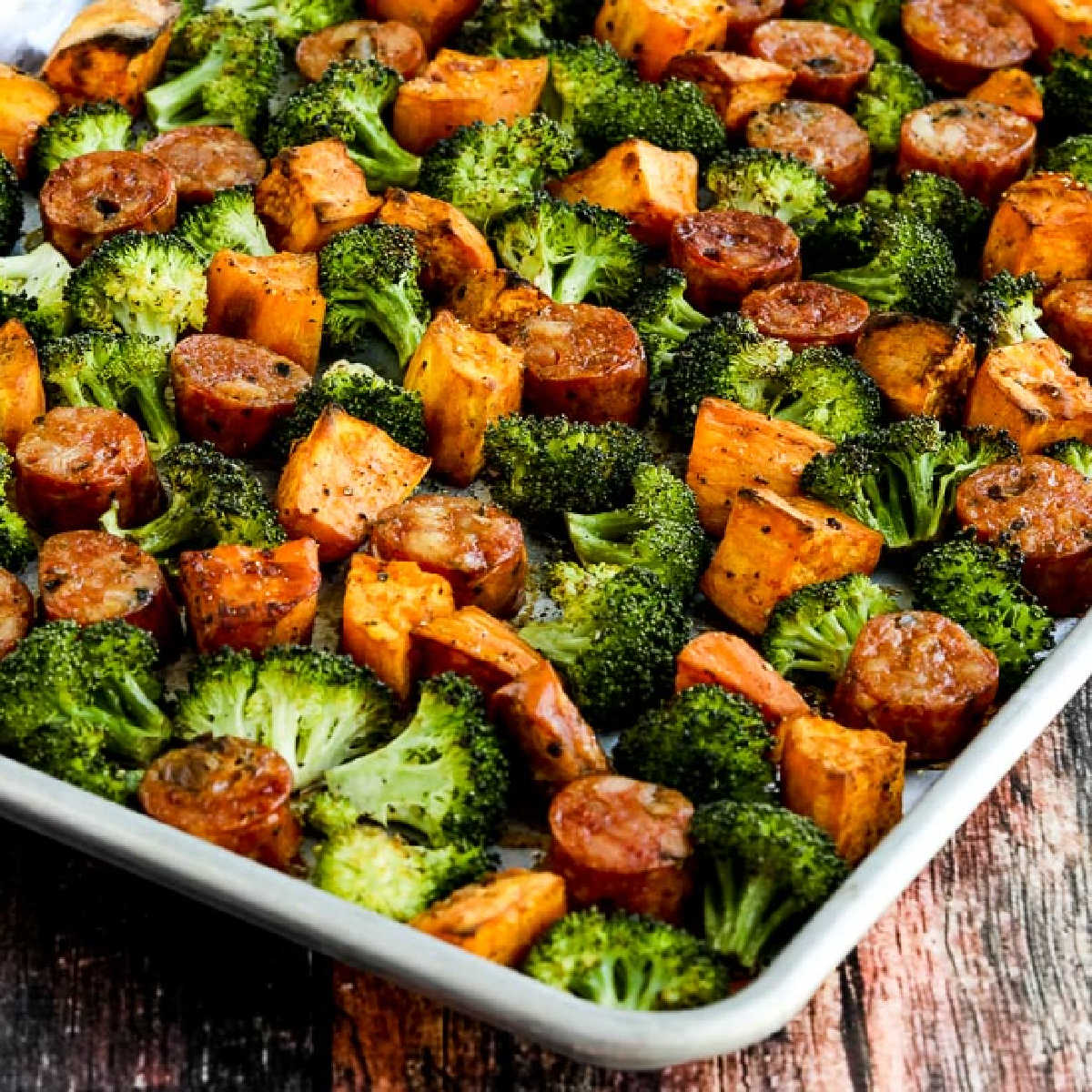 Roasted Sweet Potatoes, Sausage, and Broccoli Sheet Pan Meal, square image of meal in sheet pan