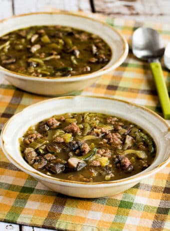 Square image for Turkey Mushroom Soup with Zucchini Noodles shown in two bowls with spoons.