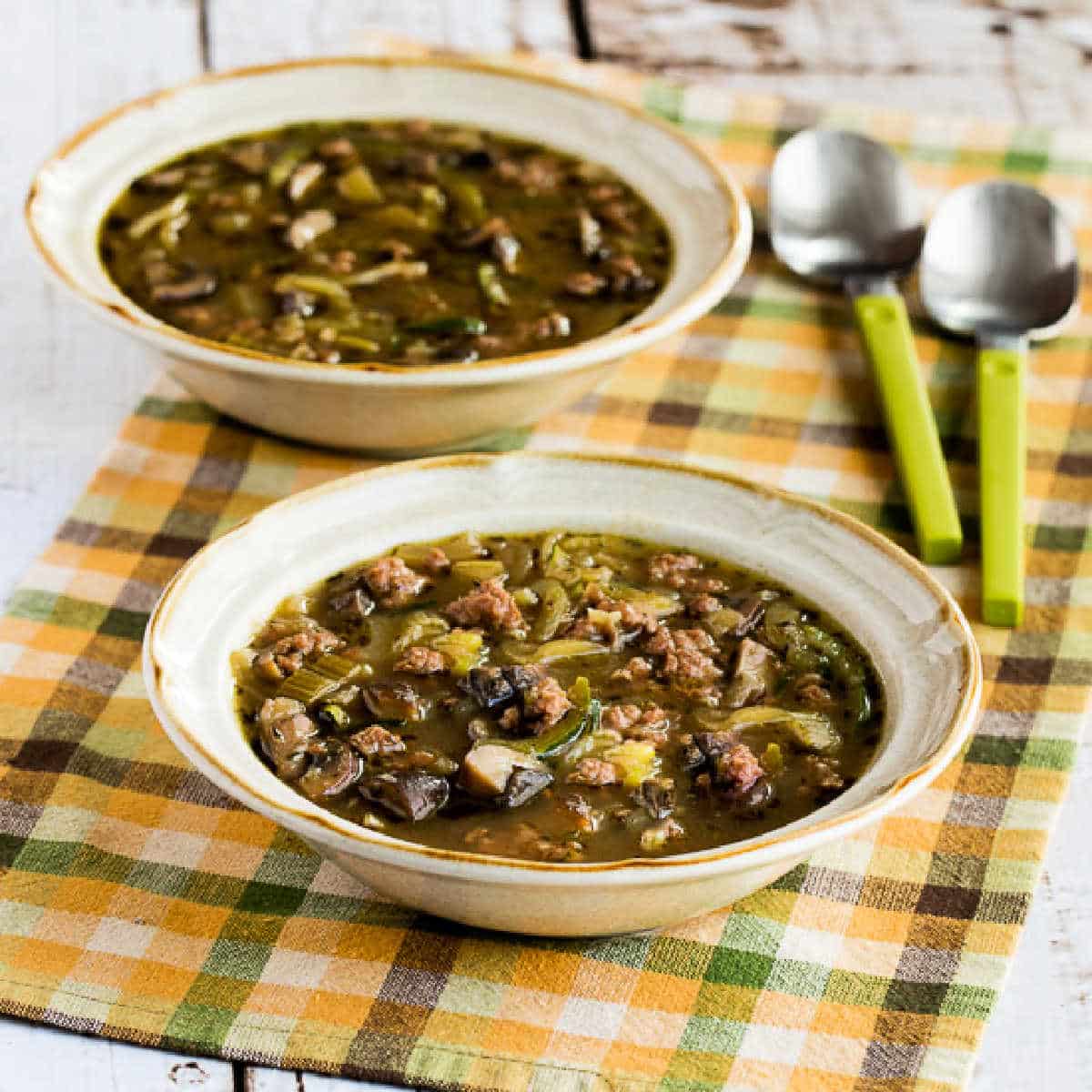 Square image for Turkey Mushroom Soup with Zucchini Noodles shown in two bowls with spoons.