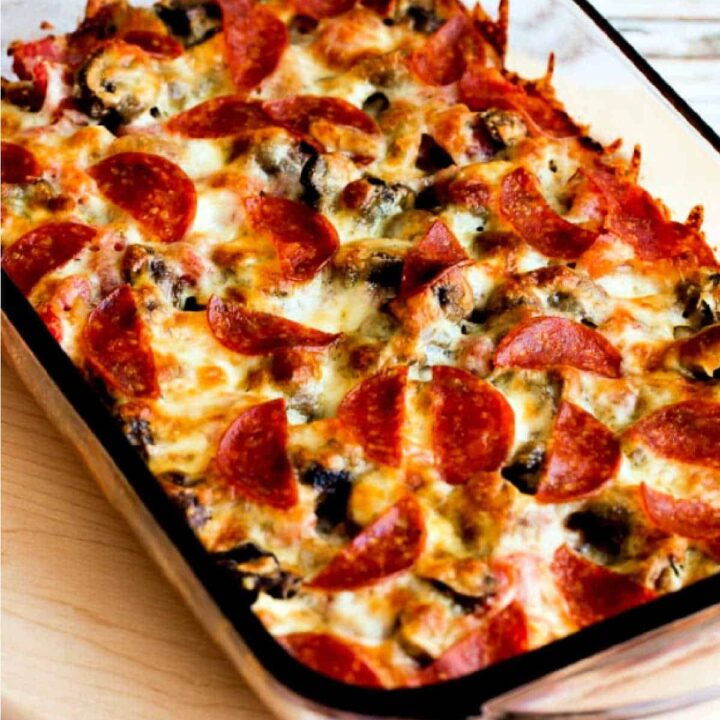 Low-Carb Deconstructed Pizza Casserole in baking dish on cutting board