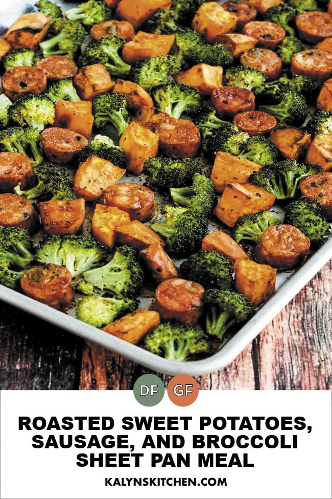 Pinterest image of Roasted Sweet Potatoes, Sausage, and Broccoli Sheet Pan Meal 