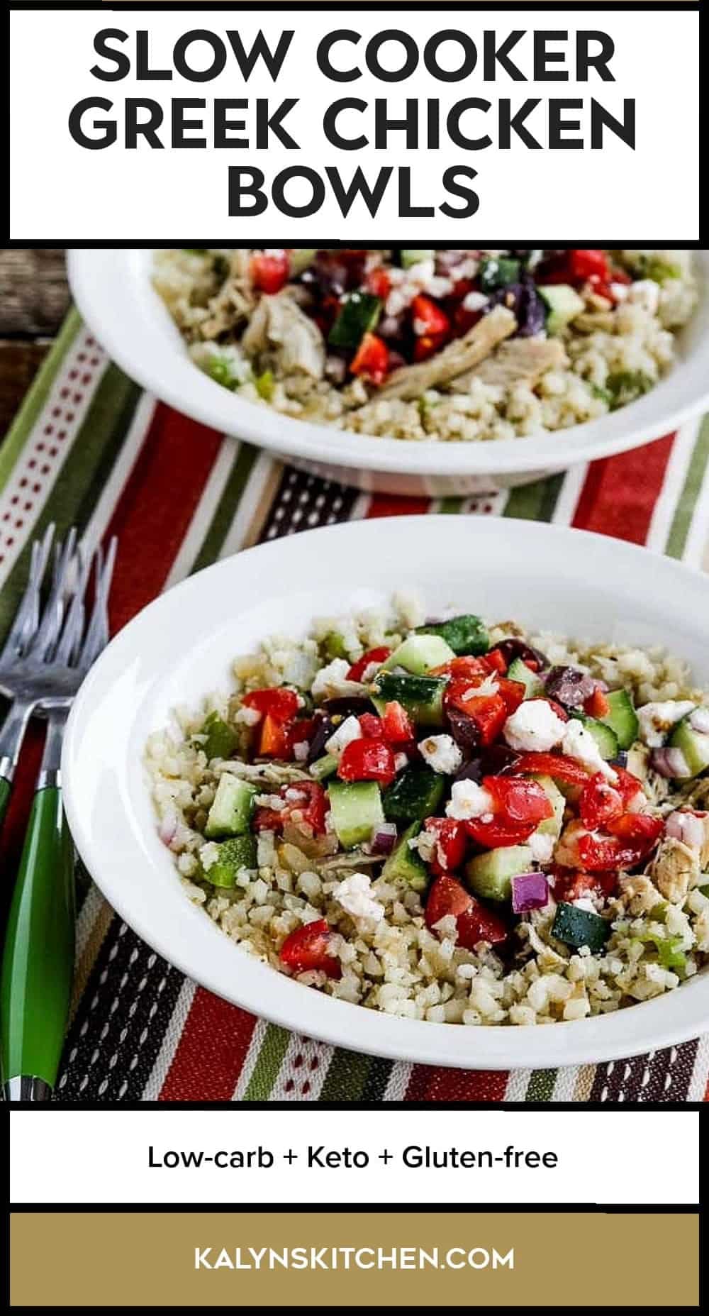 Pinterest image for Slow Cooker Greek Chicken Bowls showing two bowls with forks on the side.