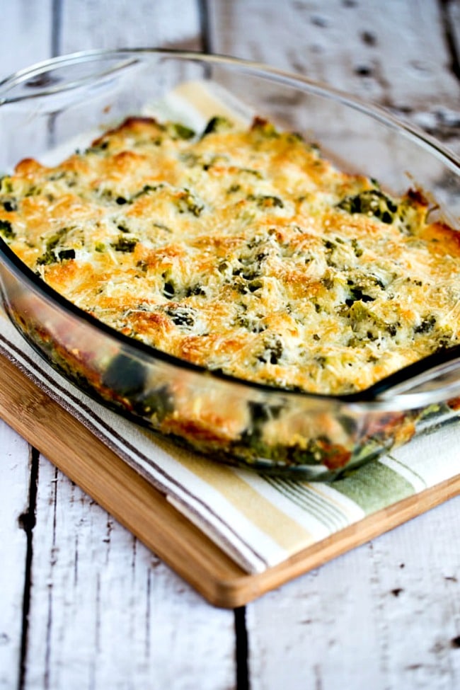 Broccoli Gratin finished dish in baking dish.