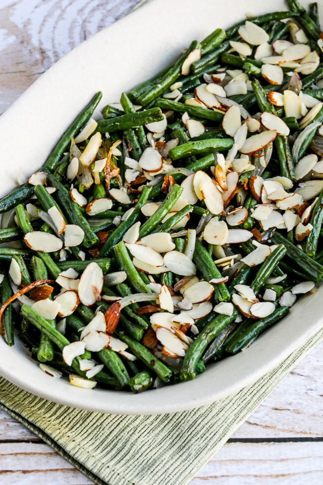 Garlic-Roasted Green Beans with Shallots and Almonds finished beans on serving plate