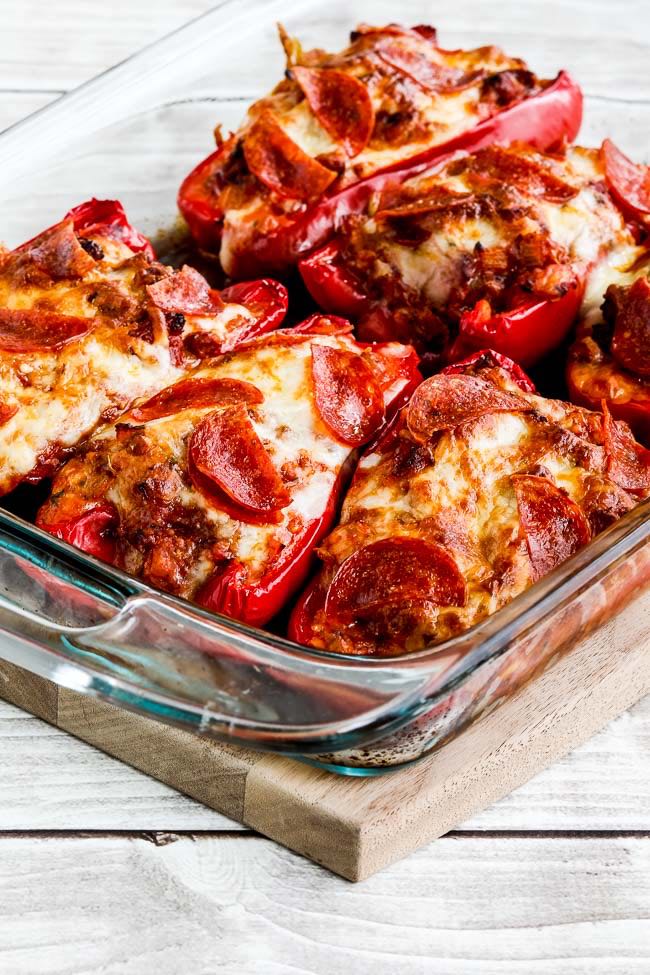 Sausage and Pepperoni Pizza-Stuffed Peppers shown in baking dish