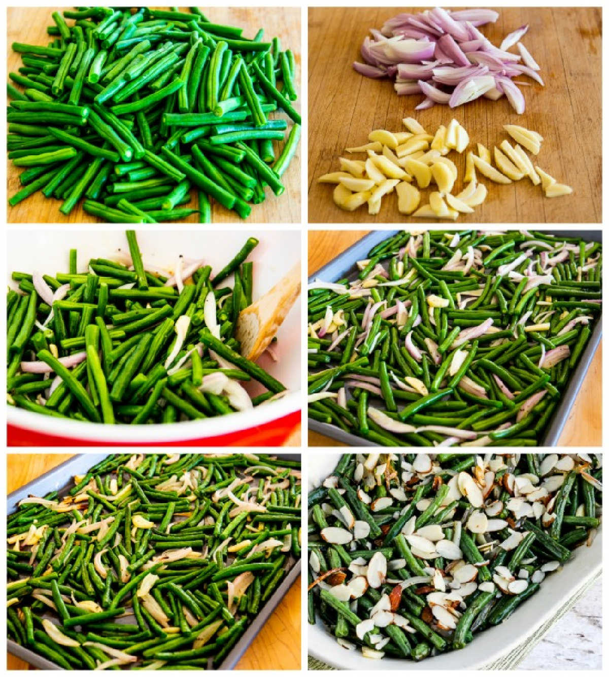 Garlic-Roasted Green Beans with Shallots and Almonds recipe steps collage
