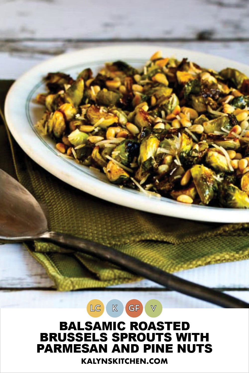 Pinterest image of Balsamic Roasted Brussels Sprouts with Parmesan and Pine Nuts