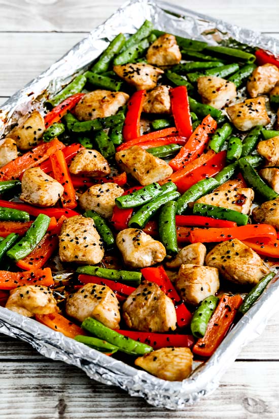 Low-Carb Chicken Stir-Fry Sheet Pan Meal finished meal on sheet pan