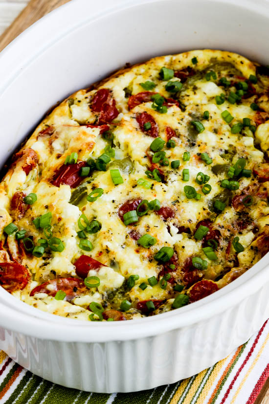 Roasted Green Pepper and Tomato Breakfast Casserole with Feta finished breakfast casserole in baking dish