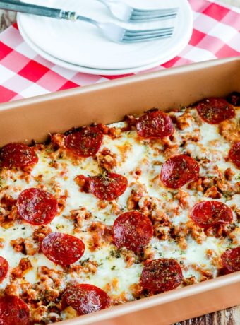 Sausage and Pepperoni Low-Carb Layered Pizza Bake close-up photo