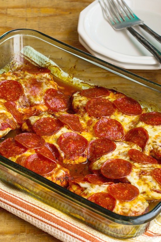  Low-Carb Pepperoni Pizza Chicken Bake finished casserole