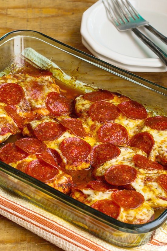 Low-Carb Pepperoni Pizza Chicken Bake finished casserole