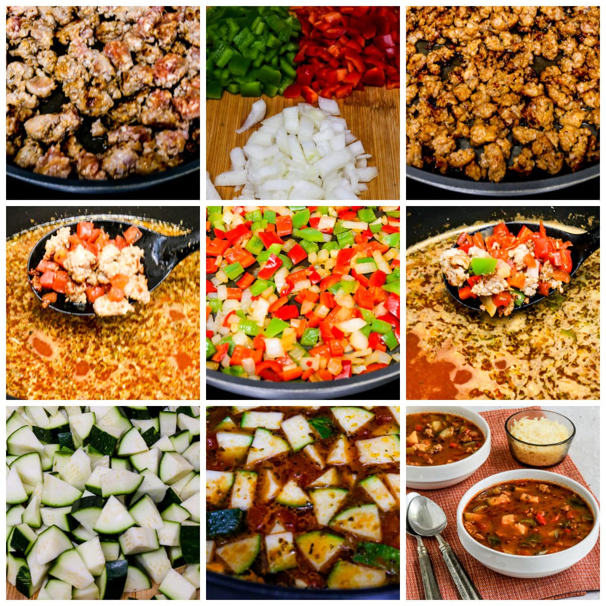 Process shot collage photo for Italian Sausage Zucchini Soup