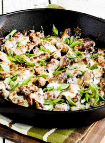 Sausage Mushroom Breakfast without Eggs shown in cast-iron skillet.