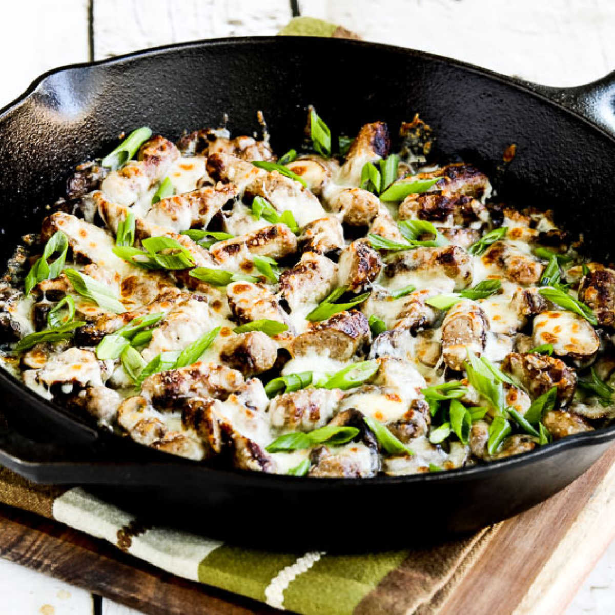 Square image for One-Pan Sausage Mushroom Breakfast without Egg shown in cast-iron skillet.