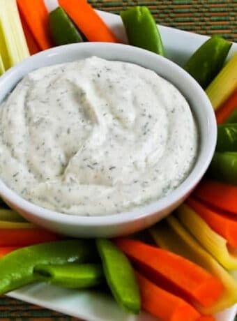 Square image of Grandma Denny's Homemade Ranch Dip shown with vegetables on serving platter.