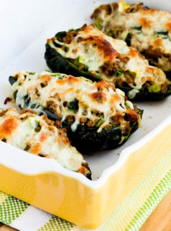 Square image for Stuffed Poblanos with Ground Turkey shown in baking dish.