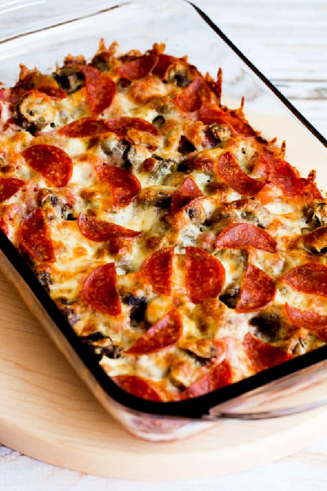 Low-Carb Deconstructed Pizza Casserole, cropped image in casserole dish.