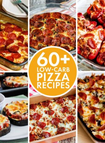 Text overlay collage for 60+ Low-Carb Pizza Recipes showing featured recipes.