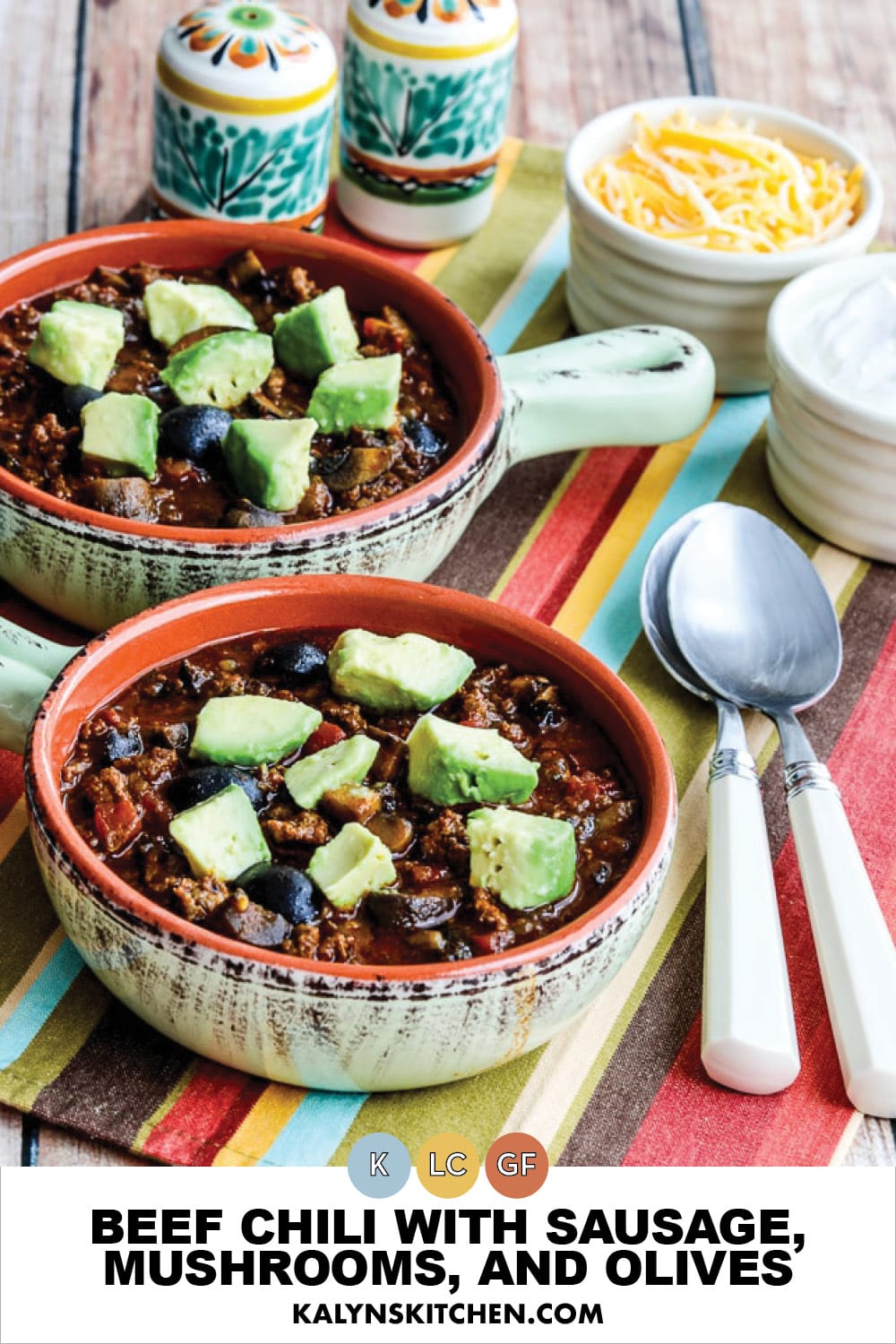 Pinterest image of Beef Chili with Sausage, Mushrooms, and Olives
