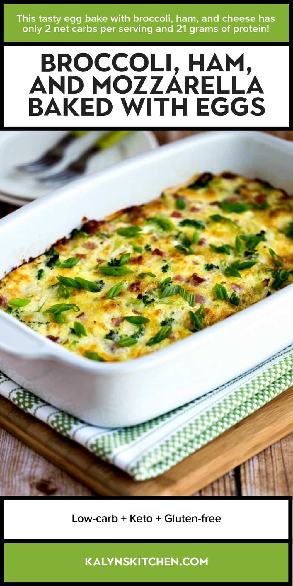 Pinterest image of Broccoli, Ham, and Mozzarella Baked with Eggs