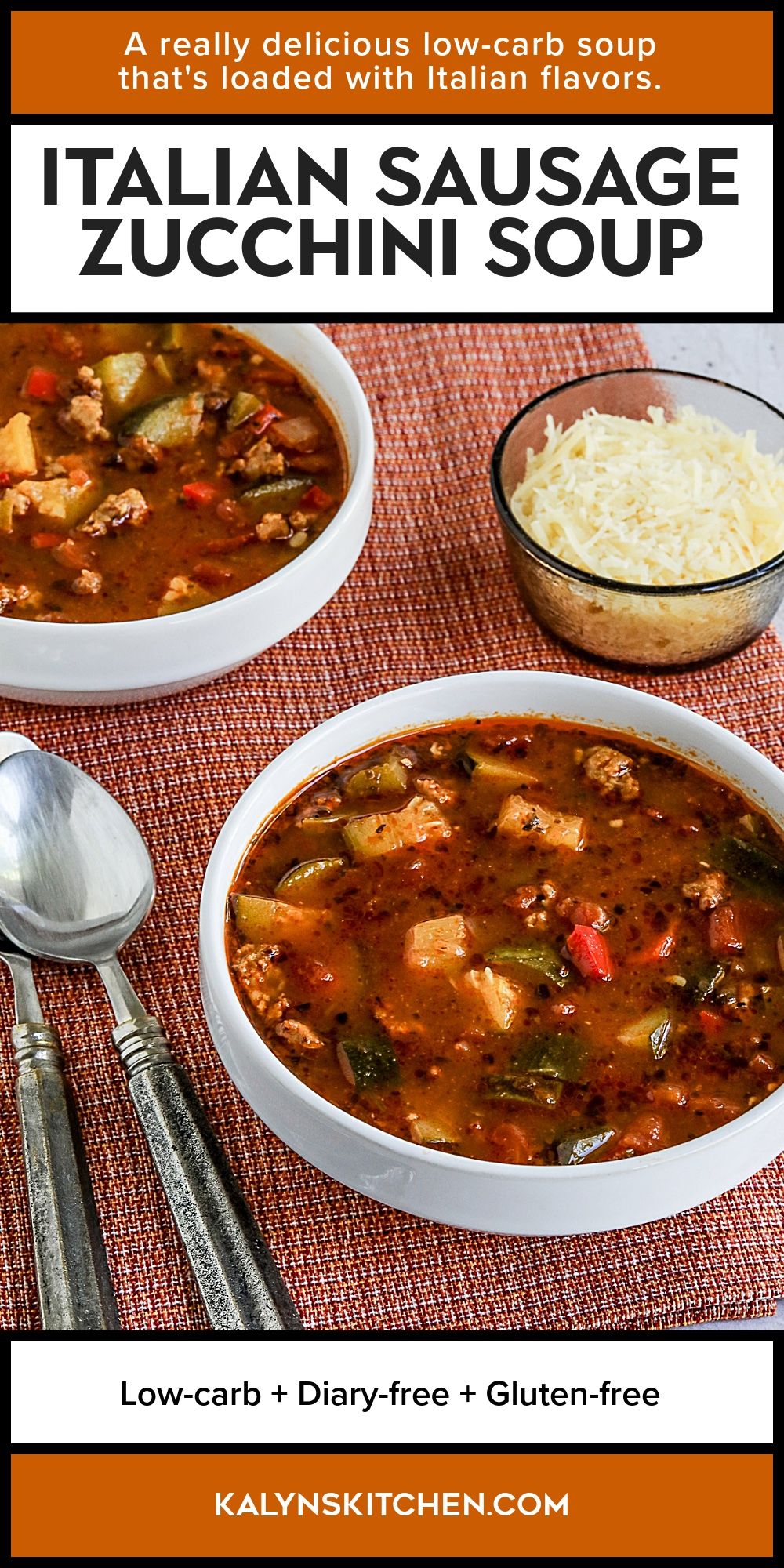 Pinterest image for Italian Sausage Zucchini Soup.