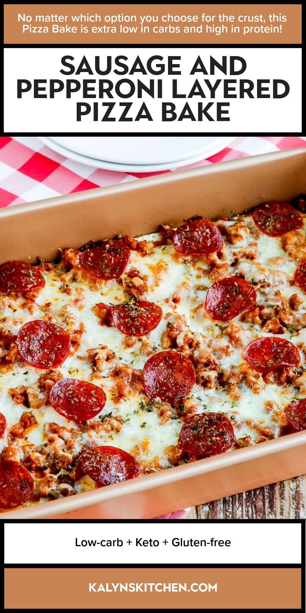 Pinterest image of Sausage and Pepperoni Layered Pizza Bake