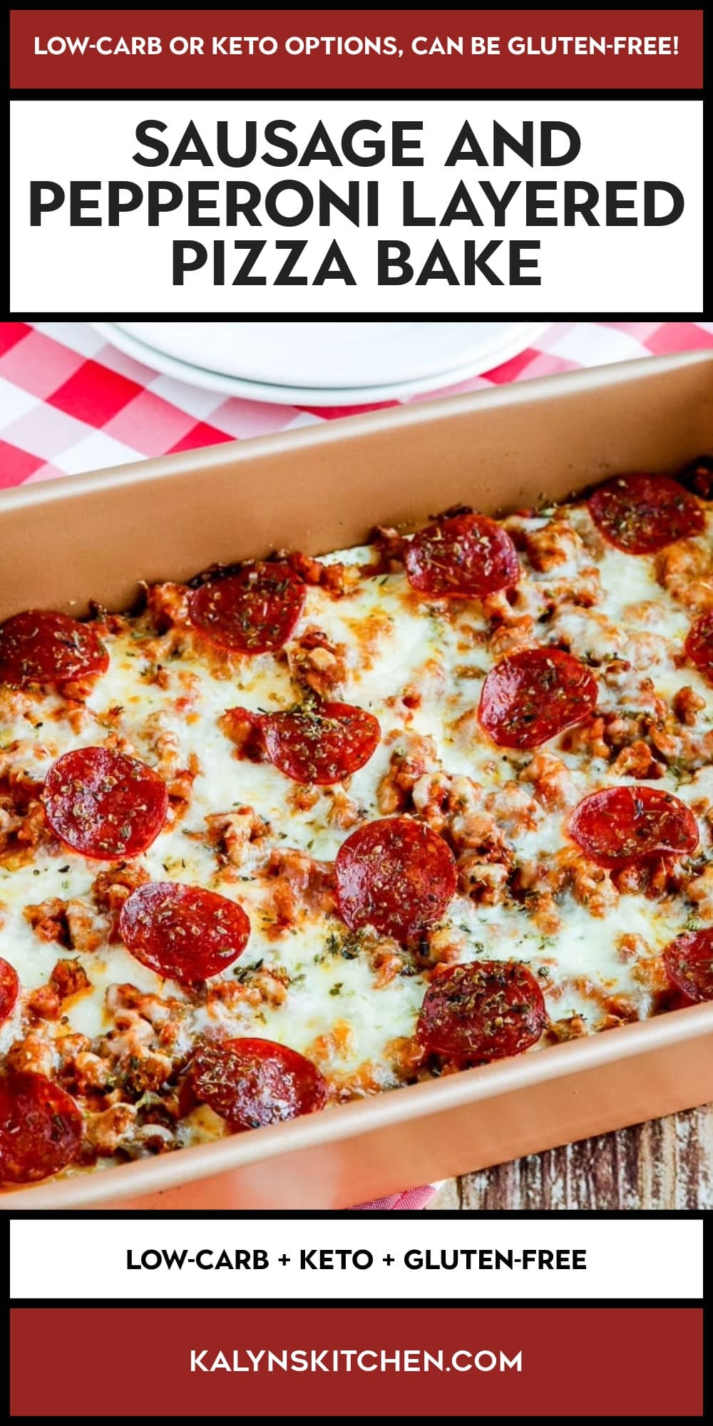 Pinterest image of Sausage and Pepperoni Layered Pizza Bake