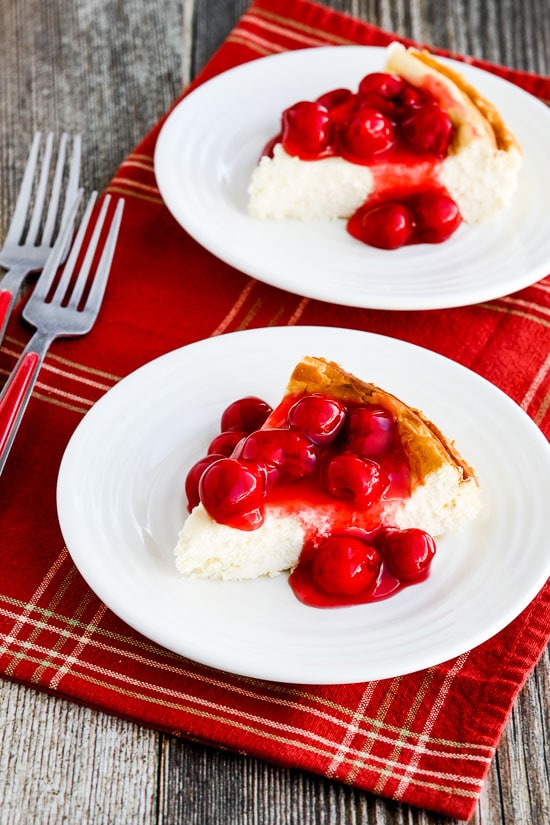 Low-Carb Cheesecake with Cherry Topping on serving plate