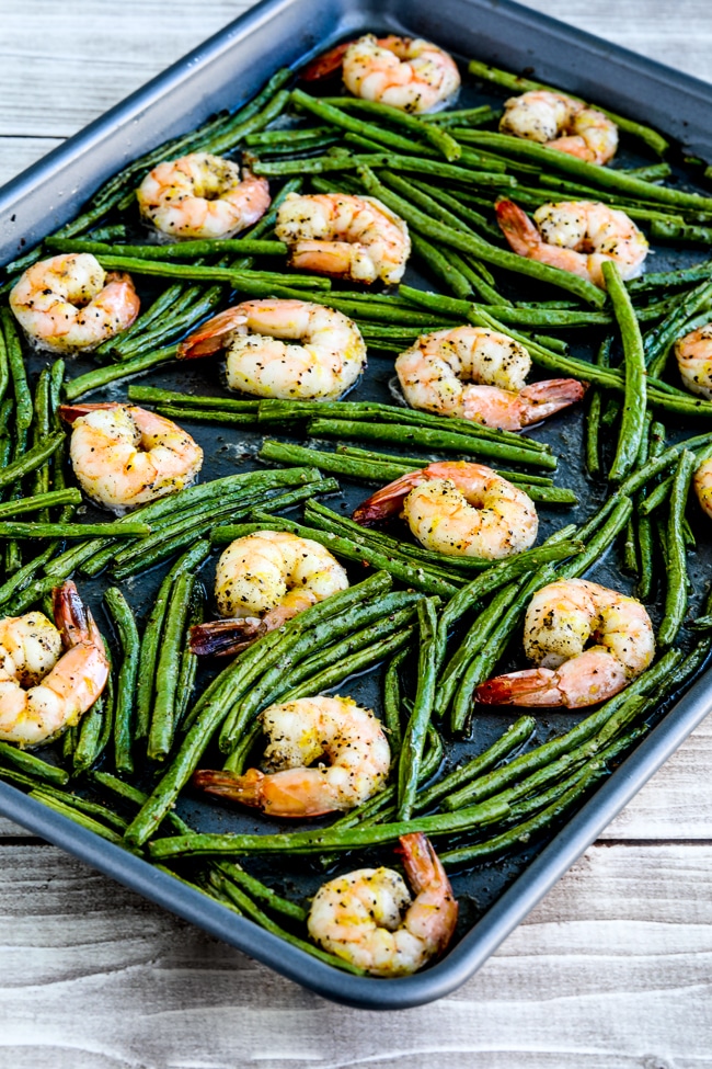 Spicy Green Beans and Shrimp Sheet Pan Meal finished meal on sheet pan