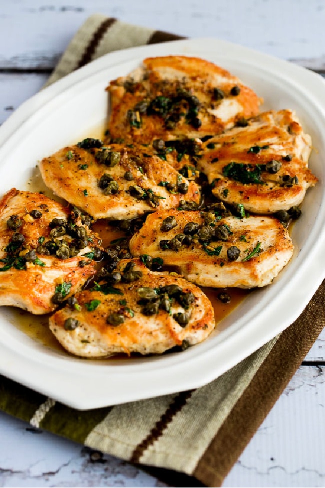 Chicken Piccata with Fried Capers finished dish on serving plate