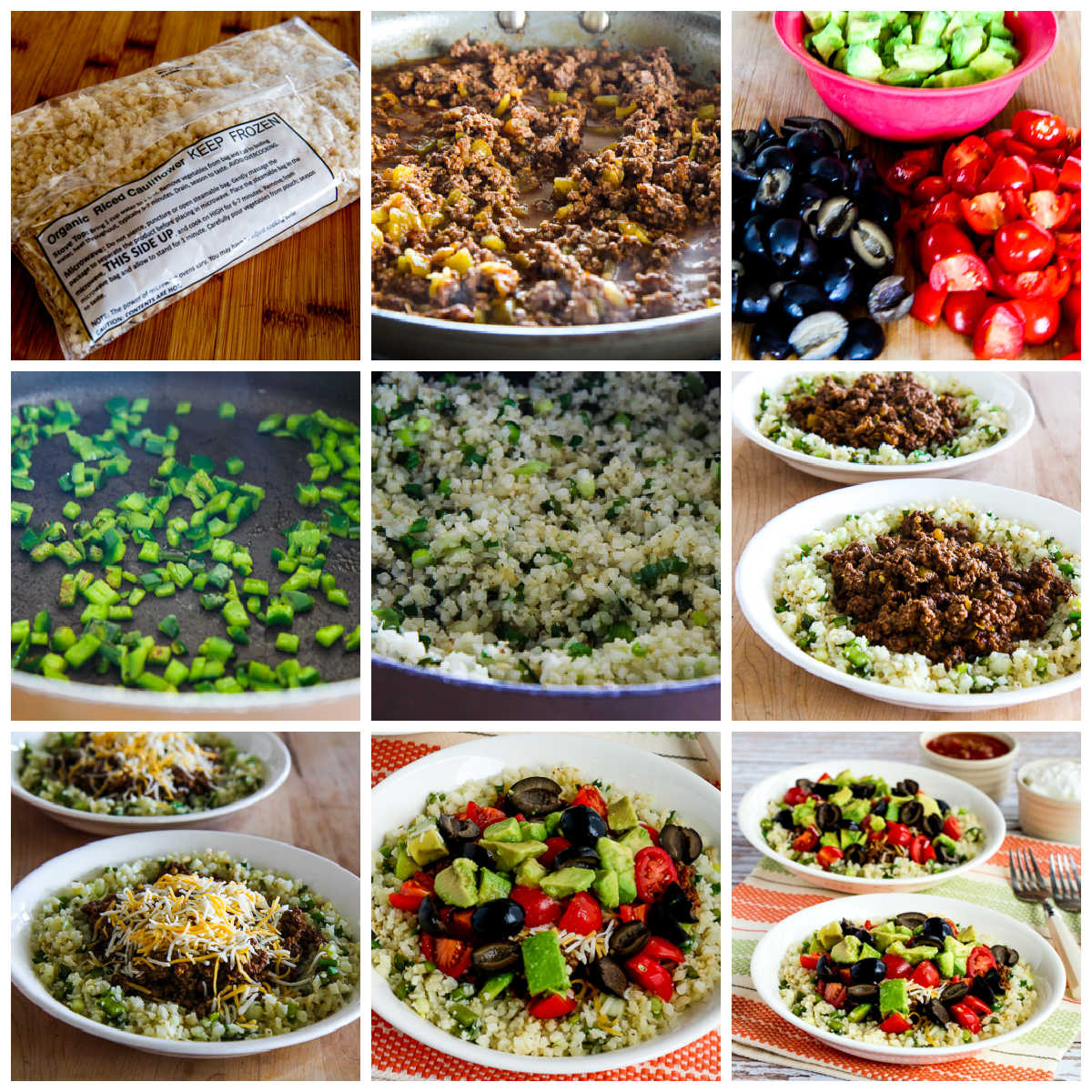 Ground Beef Cauliflower Rice Taco Bowls collage of recipe steps
