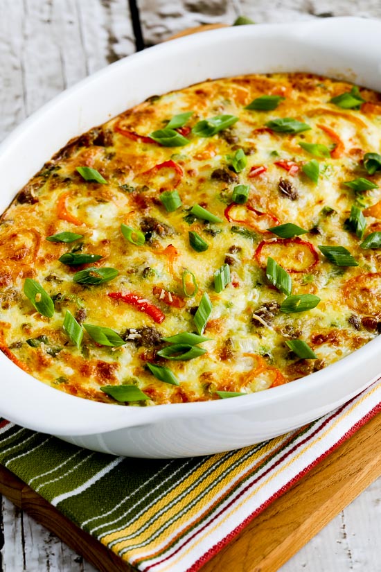 Italian Sausage and Sweet Mini Peppers Breakfast Bake in serving dish