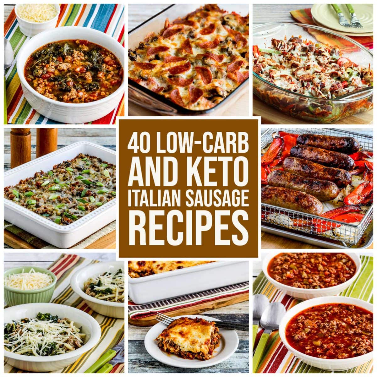 Collage of 40 low carb and keto Italian sausage recipes featured with text overlay
