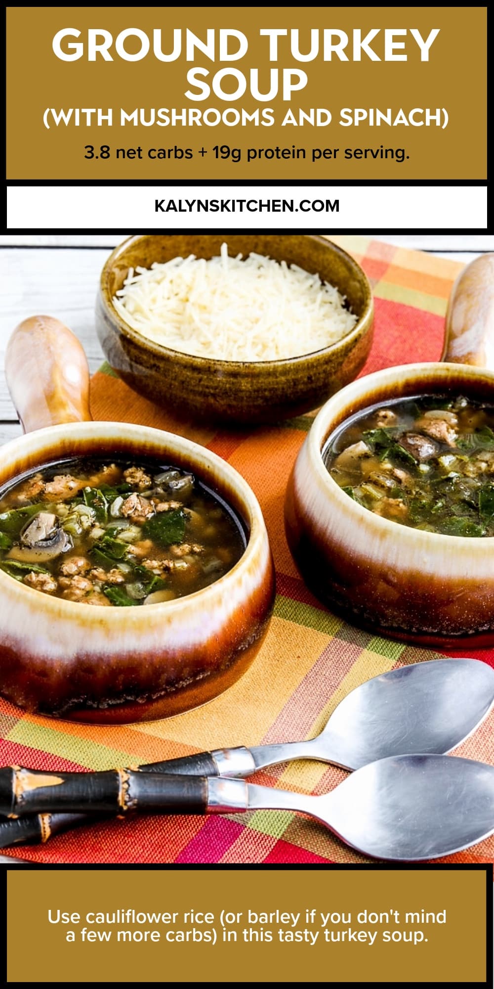Pinterest image of Ground Turkey Soup (with Mushrooms and Spinach)