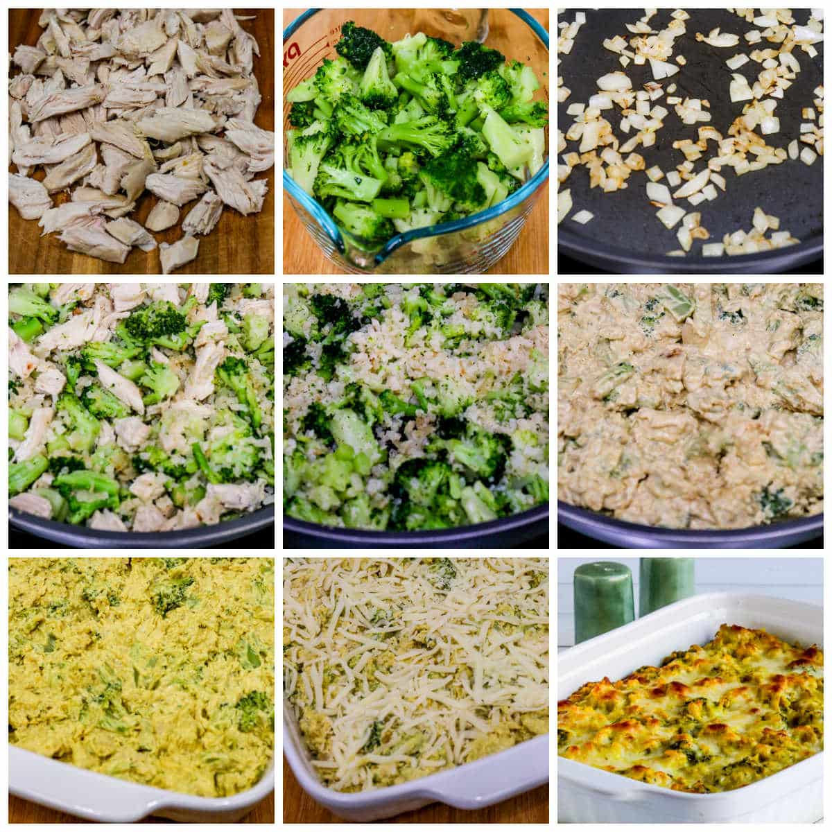 Chicken, Broccoli, Curry Casserole with Cauliflower Rice collage photo of recipe steps.