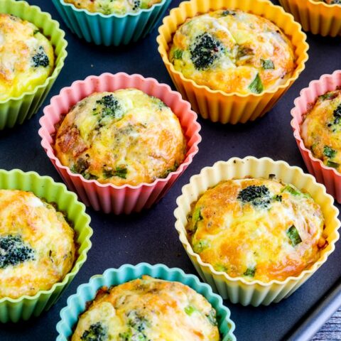 Keto Egg Muffins with Broccoli, Bacon, and Cheese close-up shot