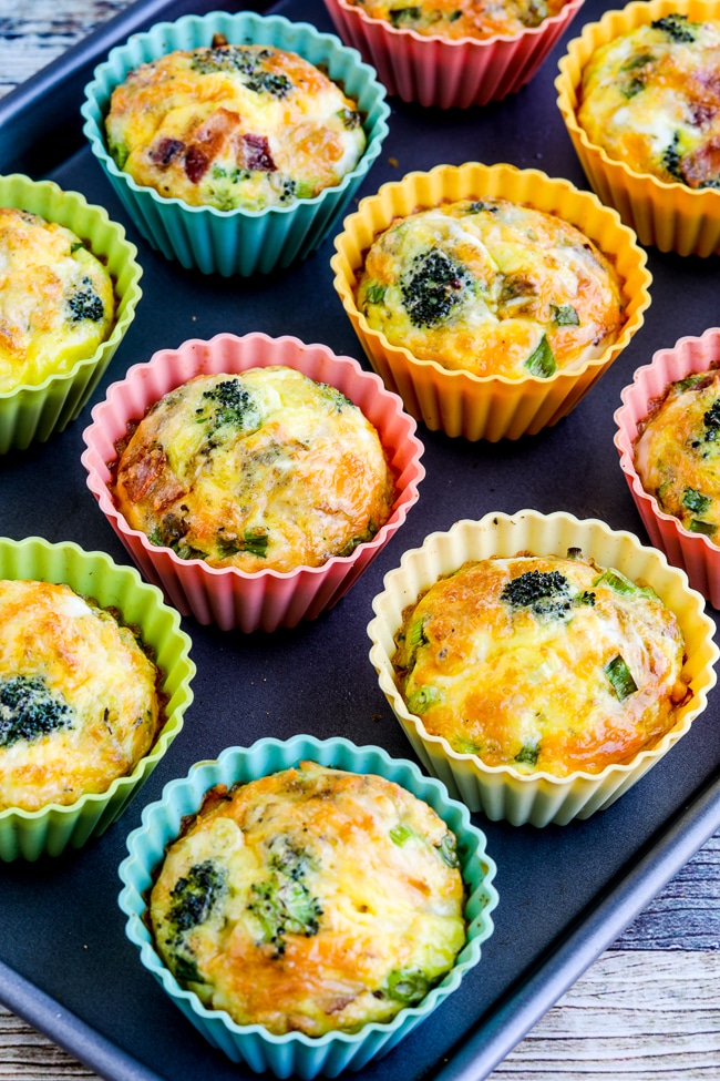 Keto Egg Muffin Recipe with Broccoli, Bacon, and Cheese close-up shot on baking sheet