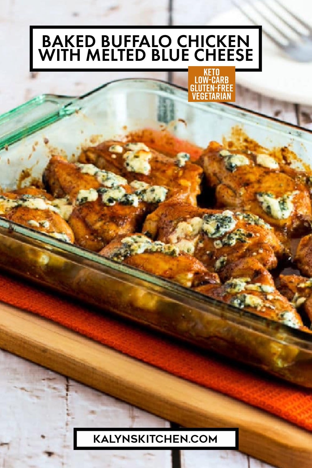 Pinterest image of Baked Buffalo Chicken with Melted Blue Cheese
