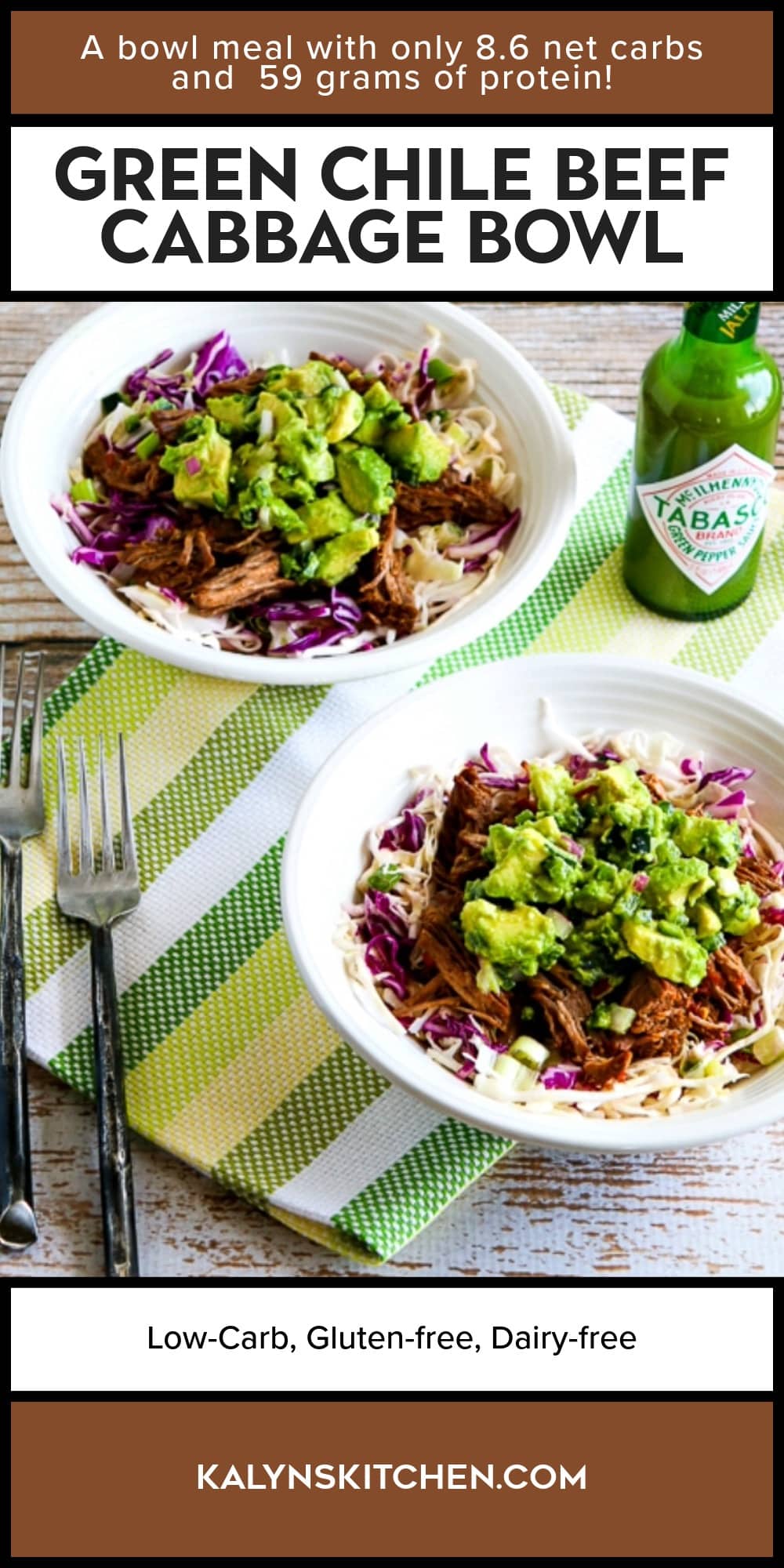Pinterest image of Green Chile Beef Cabbage Bowl